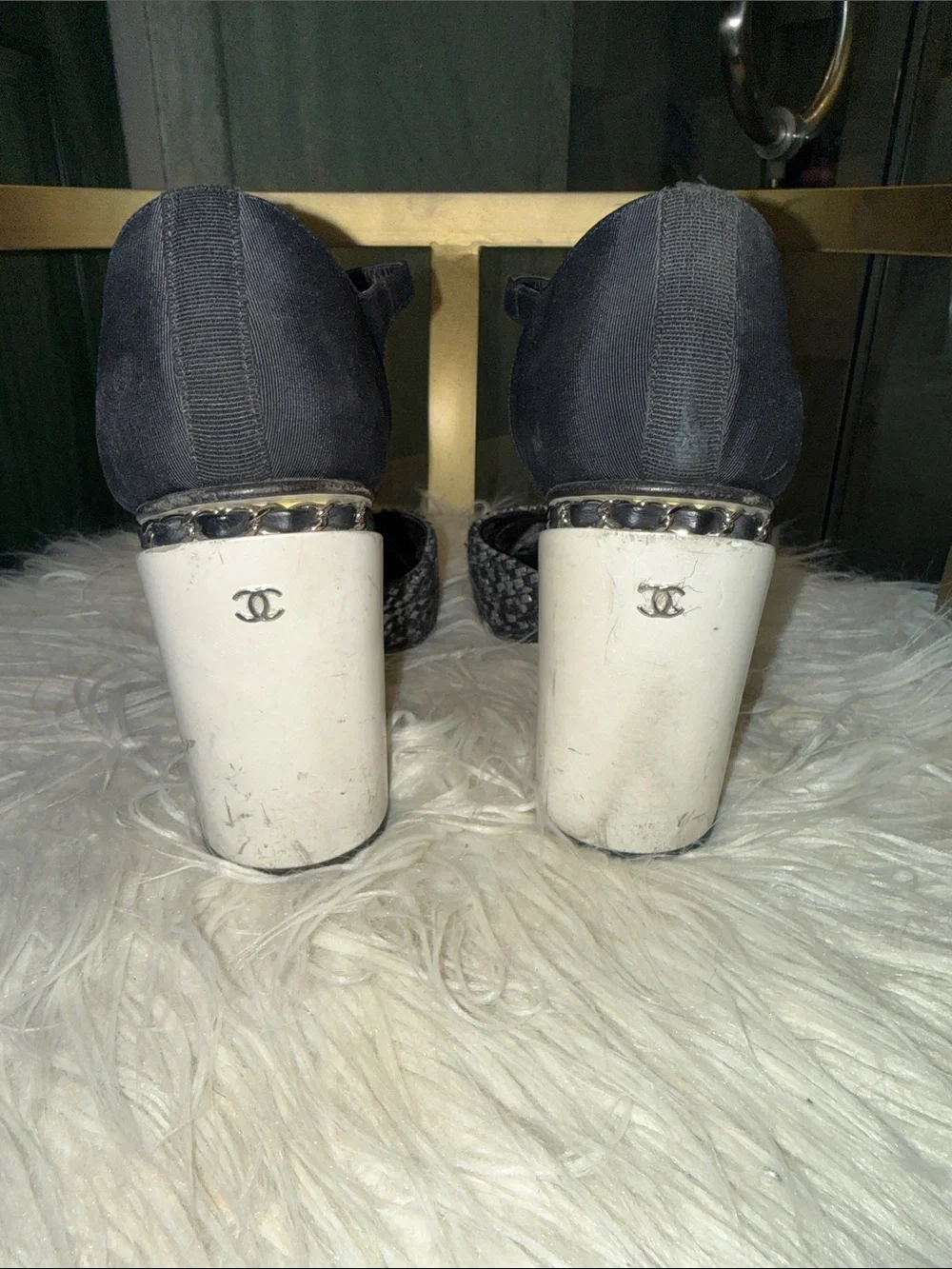 Chanel Black/Monochrome Tweed Fabric Chain T Strap Pumps Size 38.5